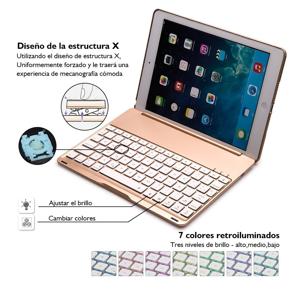 Teclado para iPad Air ,IEGrow F8S Delgada Tapa Protectora Bluetooth Con 7 Colores LED Teclado Retroiluminado Para iPad Air