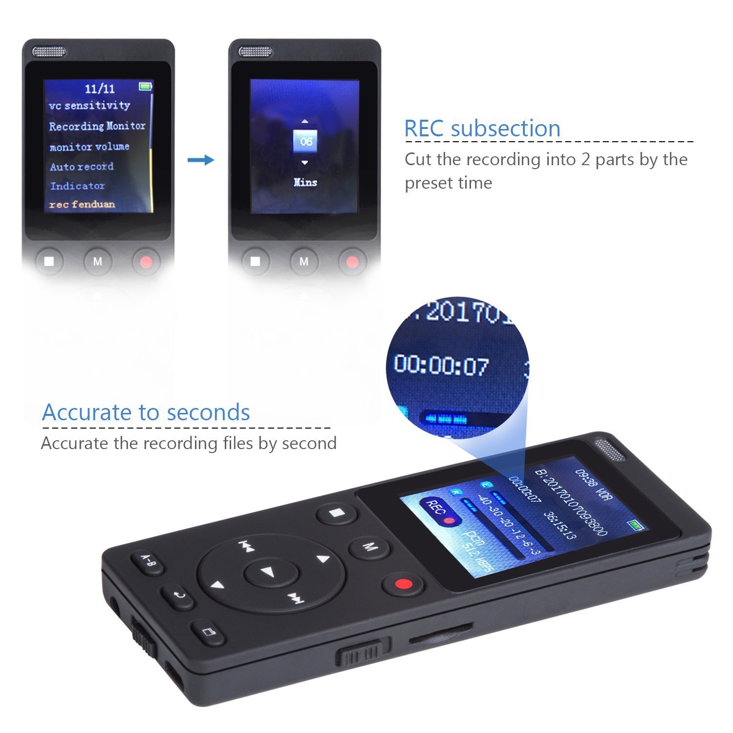 Grabadora de Voz Digital con función Altavoz y Reproductor de MP3 con Dual de 360 Grados
